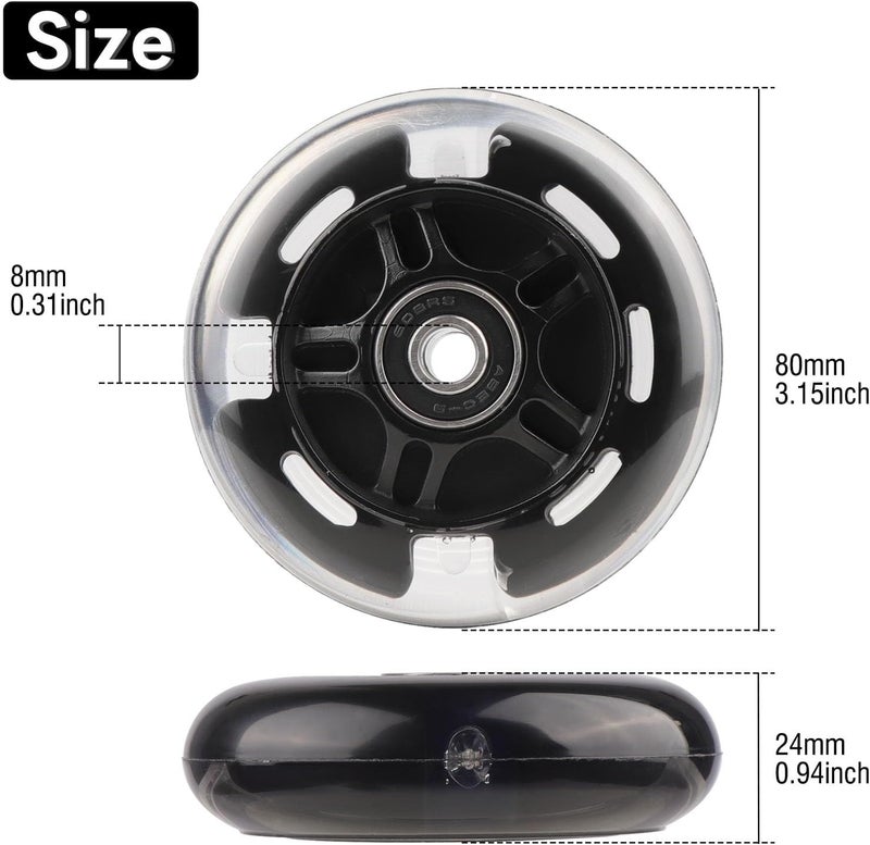 WHEELGOO 8 قطع عجلات التزلج على الجليد مع أضواء LED 64/70/72/76/80 مم مع حوامل 85-88A للأطفال والمبتدئين في التزلج على الجليد للاستخدام الداخلي/الخارجي (أسود، 80 مم) - Image 2